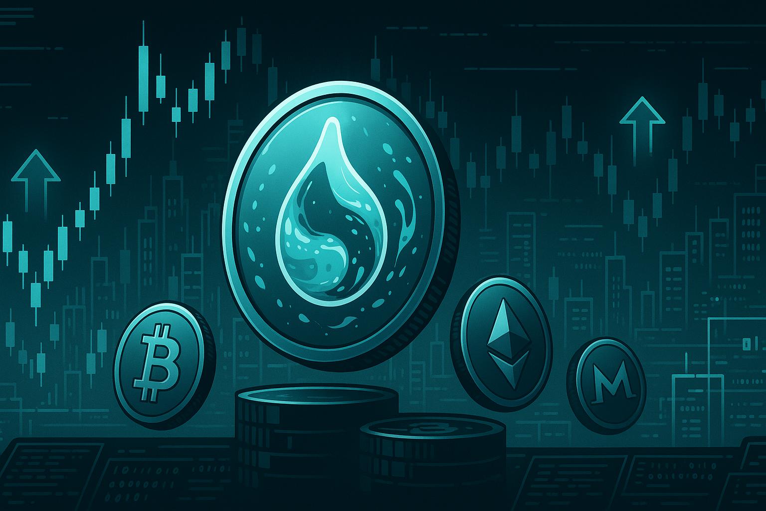 Futuristic SUI-style coin with crypto charts and price prediction arrows in a digital cityscape