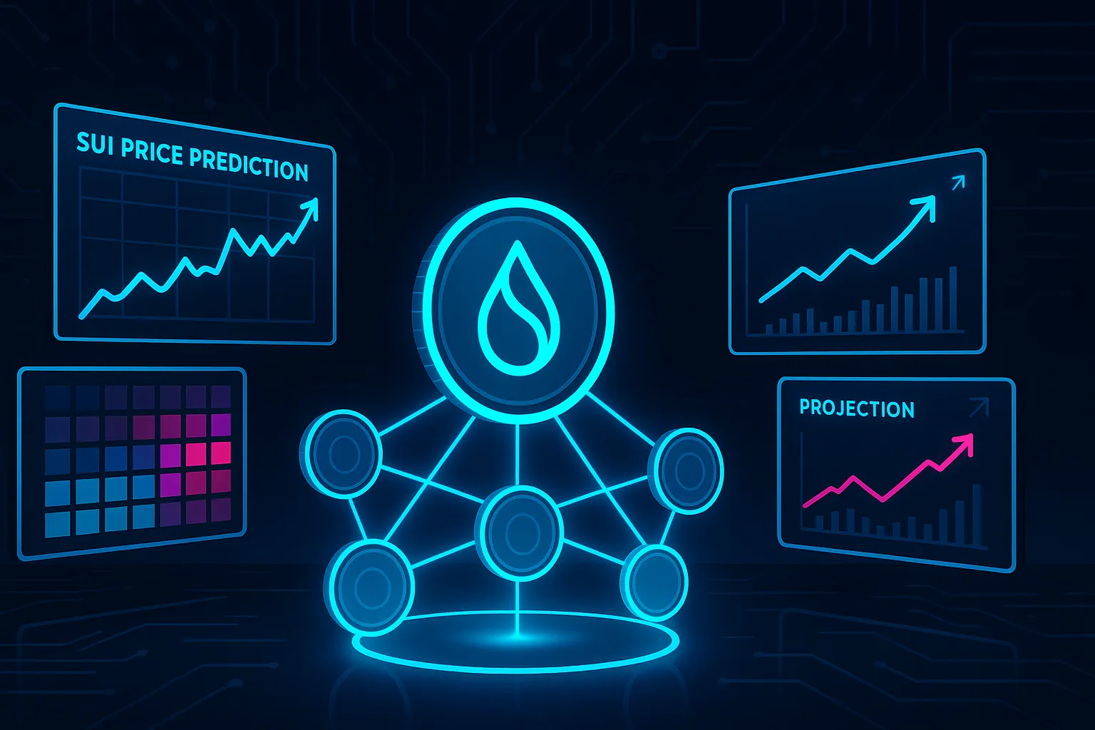Futuristisches SUI-Dashboard zur Kryptopreisprognose mit holografischen Diagrammen