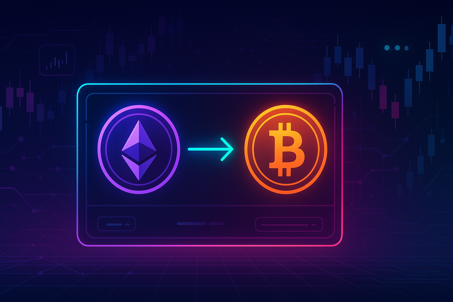 Futuristic crypto interface showing Ethereum swapped to Bitcoin