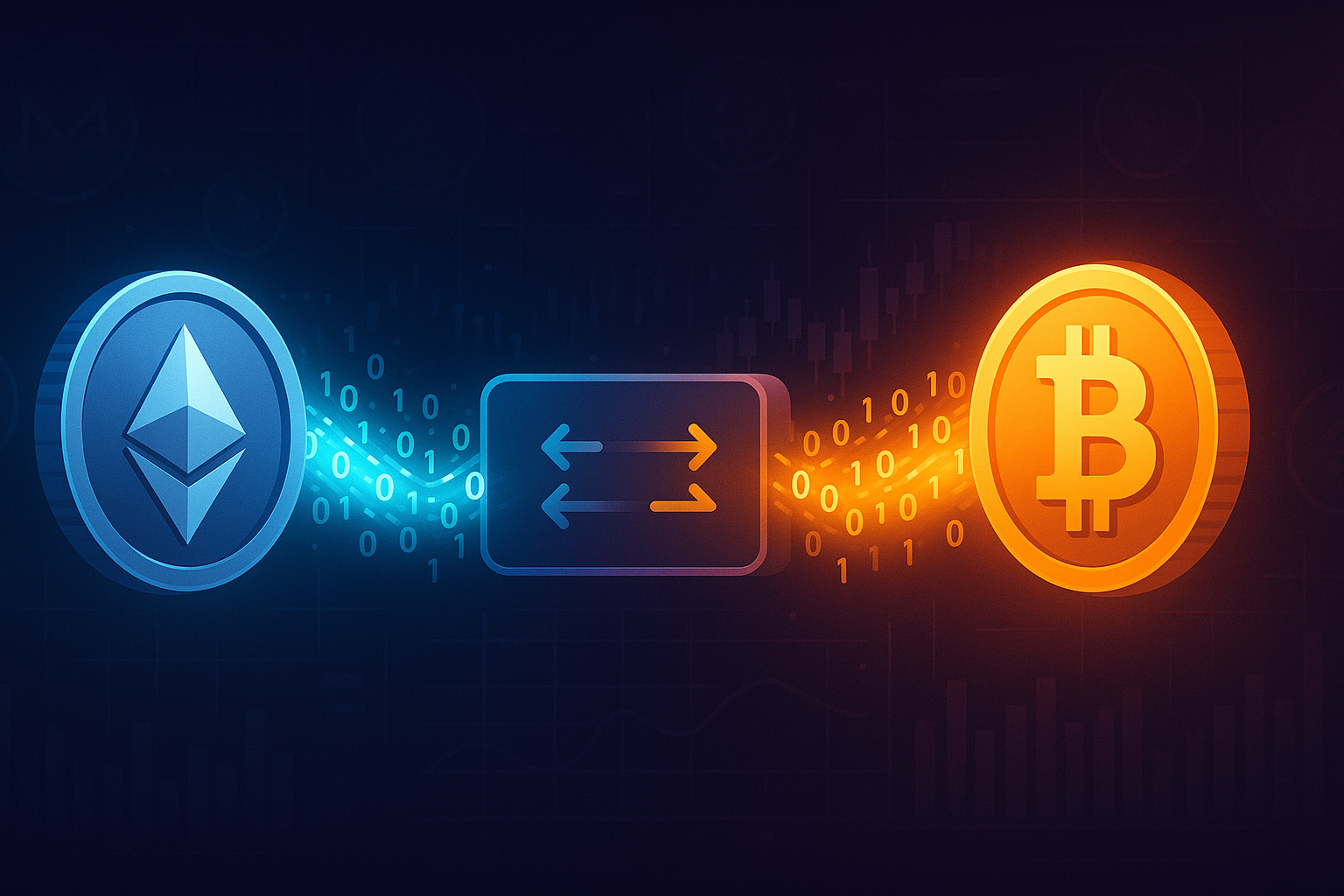 Digital crypto exchange banner showing ETH to BTC swap in cyberpunk style