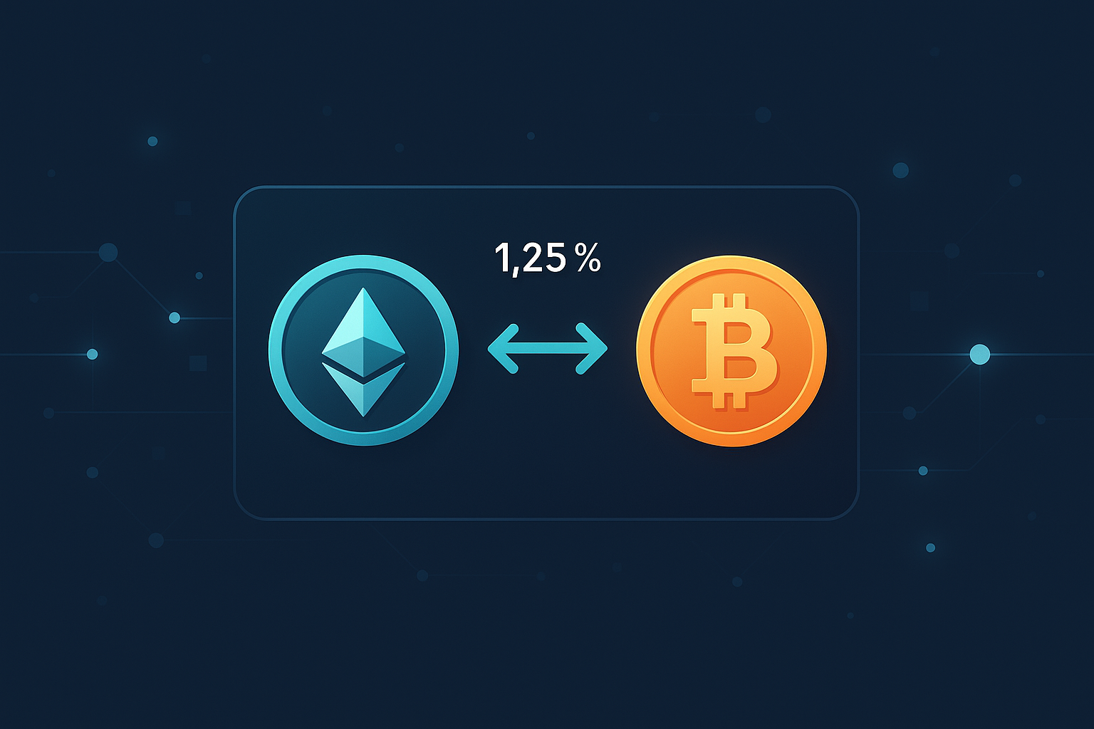 Modern crypto banner showing ETH to BTC instant swap dashboard on dark background
