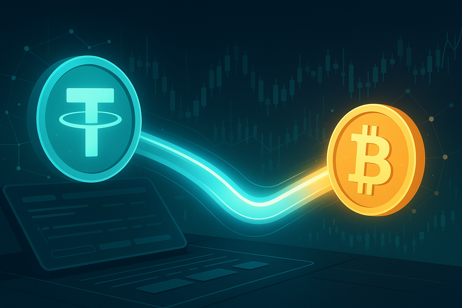 Futuristic crypto dashboard showing USDT stablecoin swapping into BTC
