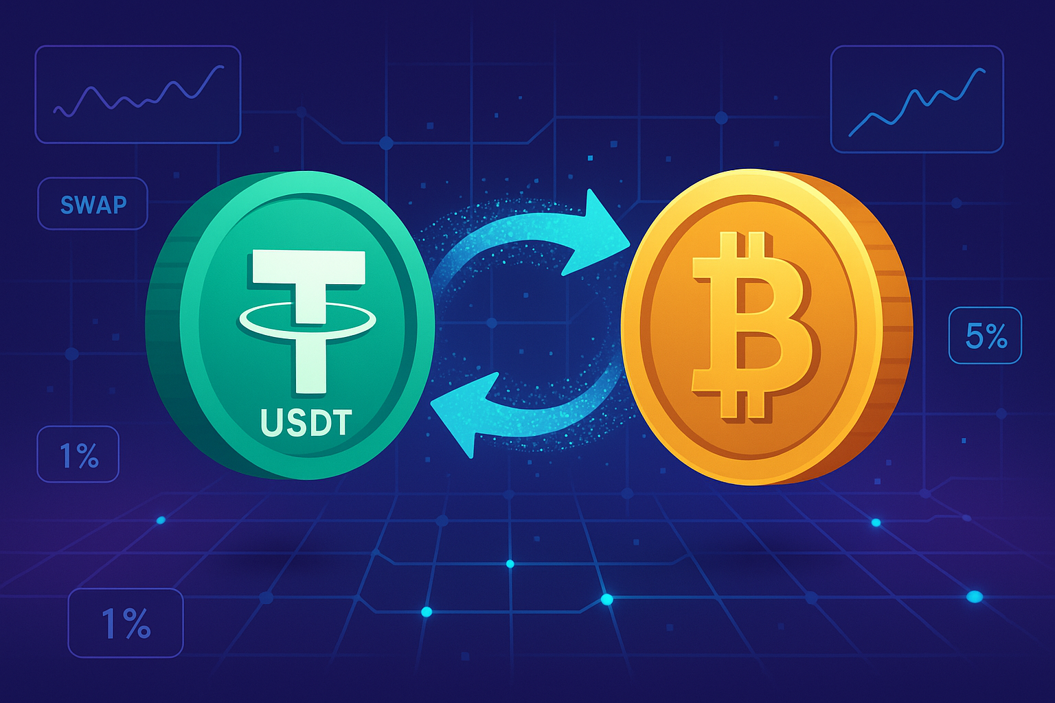 Modern crypto banner showing USDT to BTC swap with charts and blockchain visuals