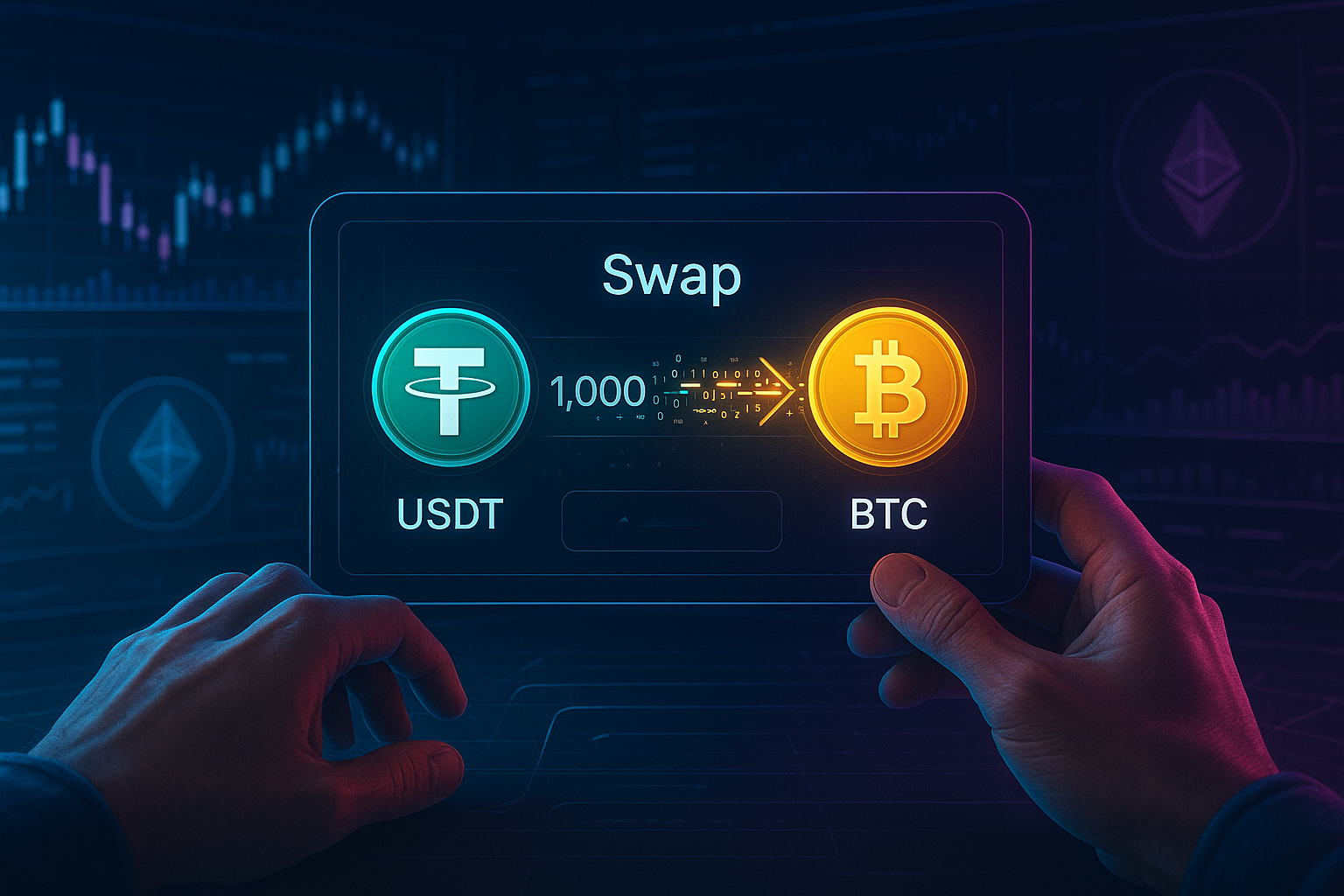 User swapping USDT to BTC on a futuristic crypto trading interface