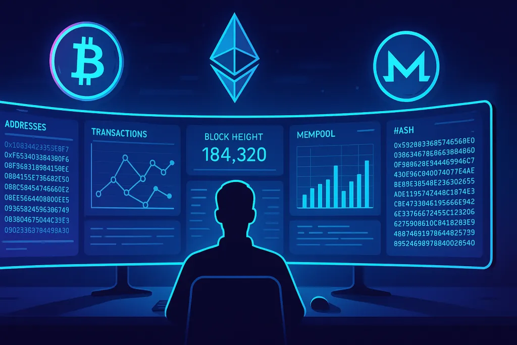 Benutzer an einem futuristischen Desktop betrachtet Blockchain-Explorer-Daten mit Krypto-Symbolen