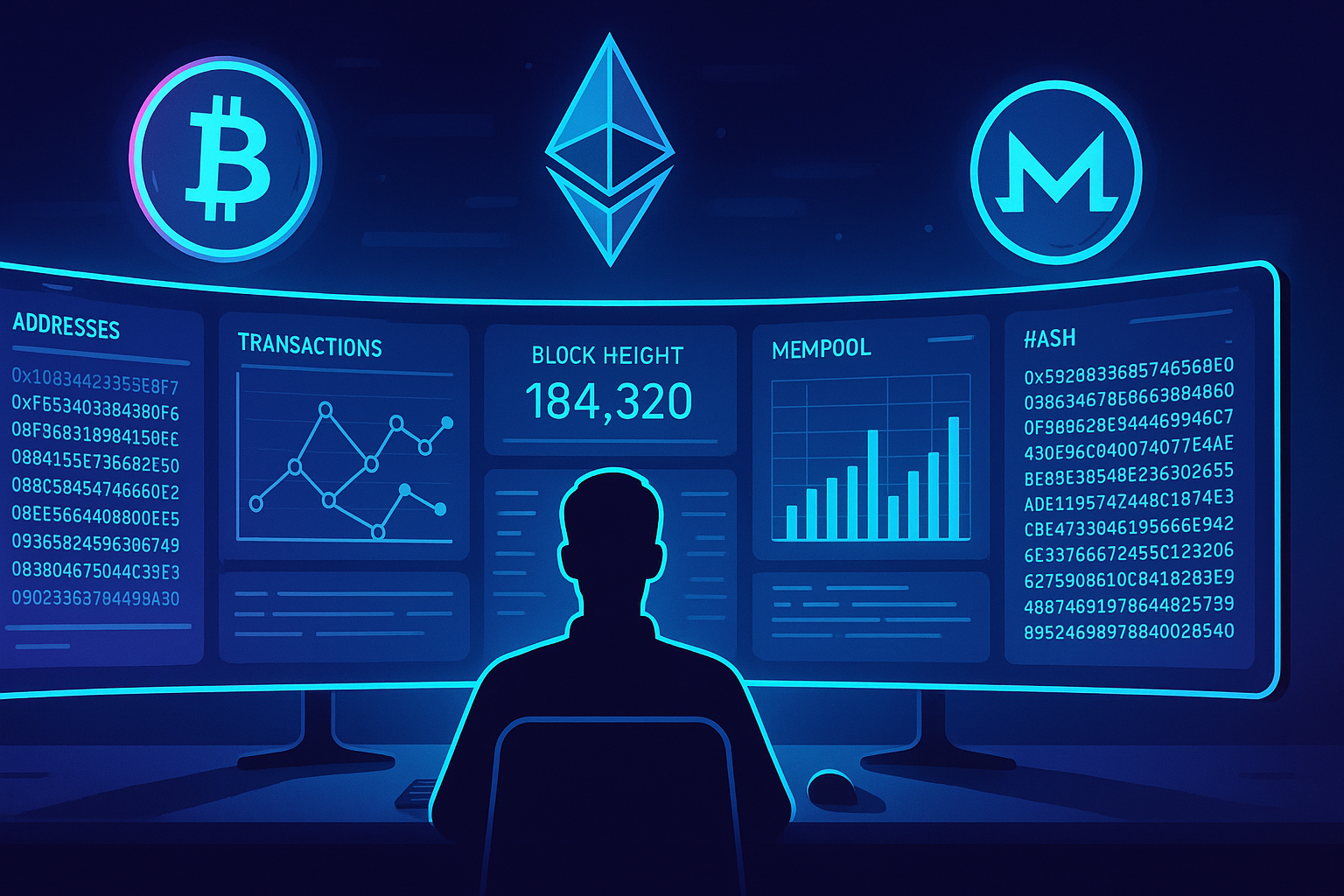 User at futuristic desktop viewing blockchain explorer data with crypto icons