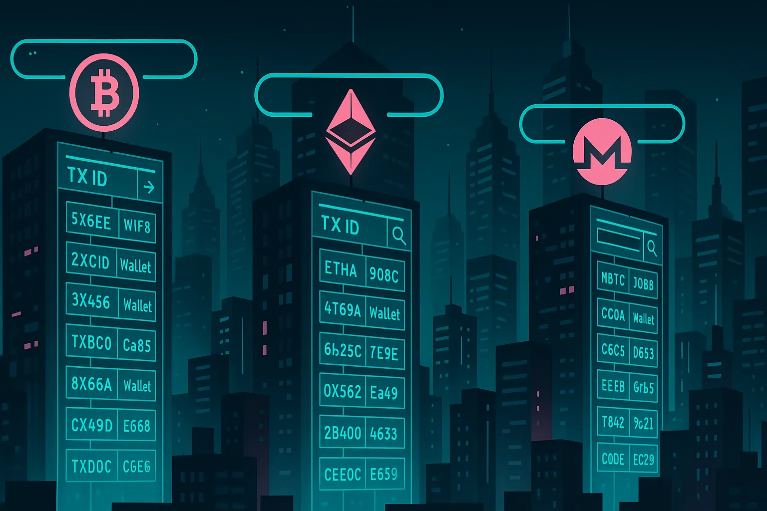 Eine futuristische Krypto-Stadt visualisiert einen Blockchain-Explorer, der Transaktionen indexiert.