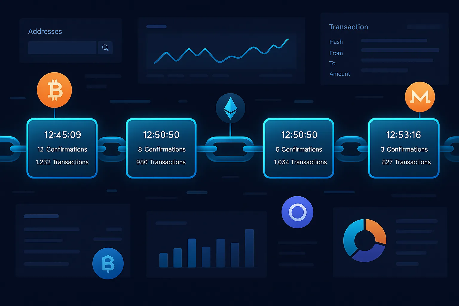 Abstraktes Blockchain-Explorer-Dashboard mit Blöcken, Diagrammen und Details zu Krypto-Transaktionen