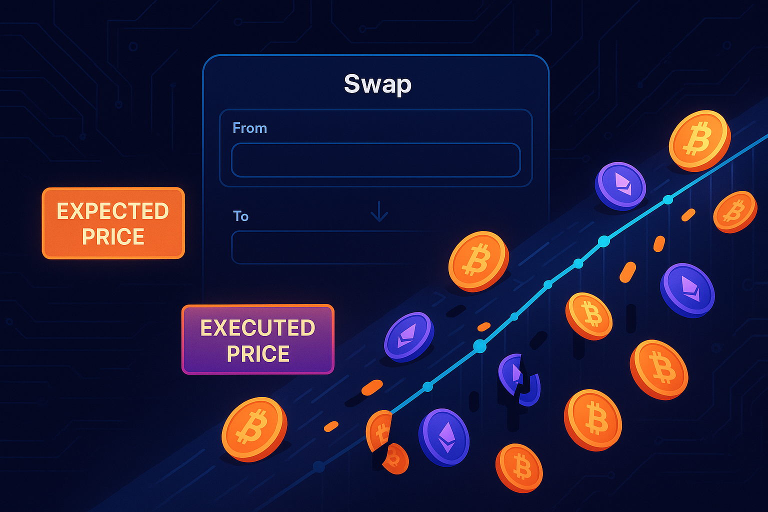 Crypto DEX interface showing order slippage between expected and executed price