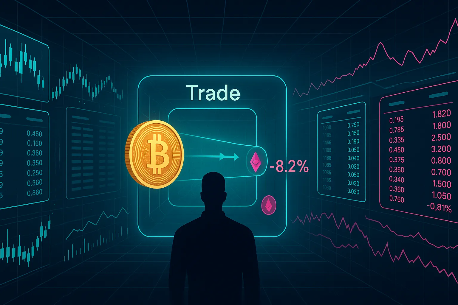 Visualizzazione futuristica di una sala di trading di criptovalute con perdita dovuta allo slippage di Bitcoin ed Ethereum.