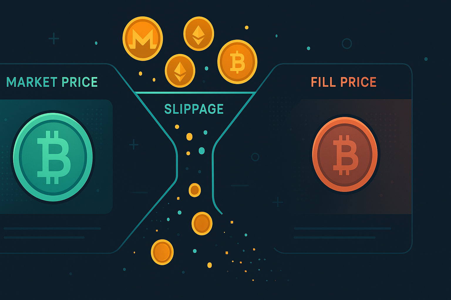 Modern crypto dashboard visualizing slippage between market and fill price with flowing coins