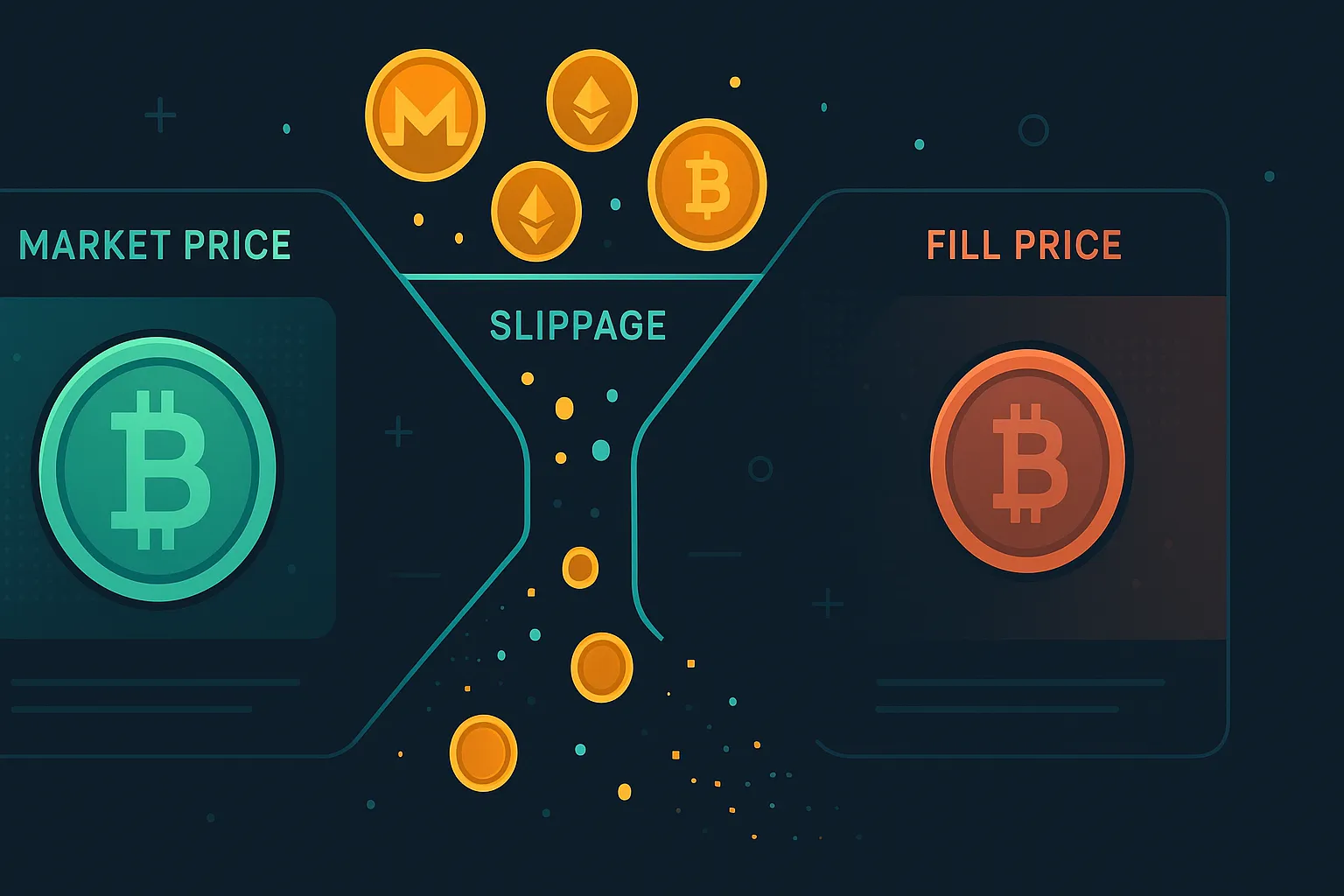Dashboard moderna per criptovalute che visualizza lo slittamento tra prezzo di mercato e prezzo di esecuzione con le monete in movimento