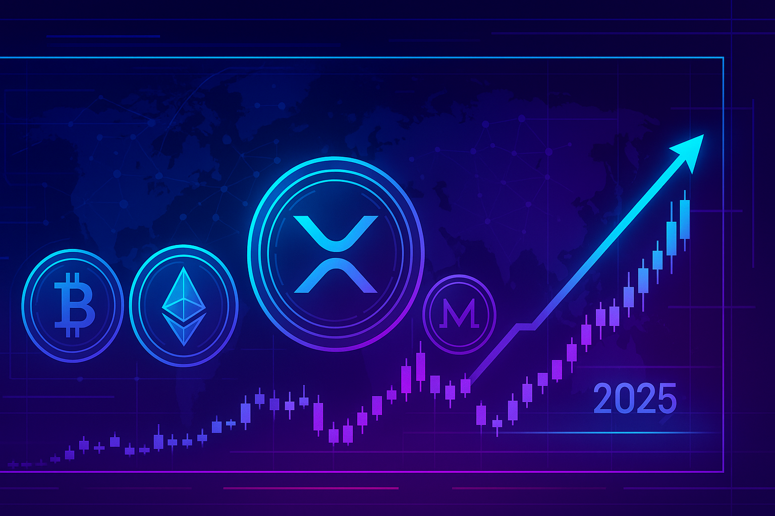 Futuristic crypto trading banner with XRP-style coin and 2025 price chart