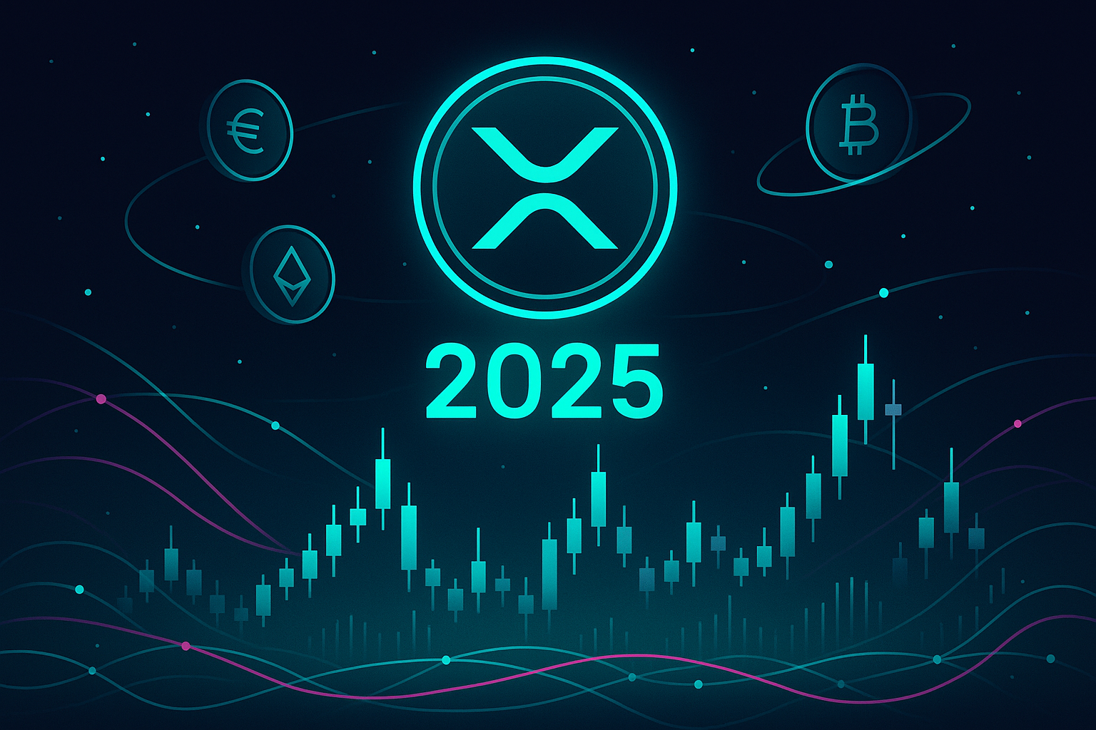 Futuristic XRP-style coin above crypto city with 2025 price charts