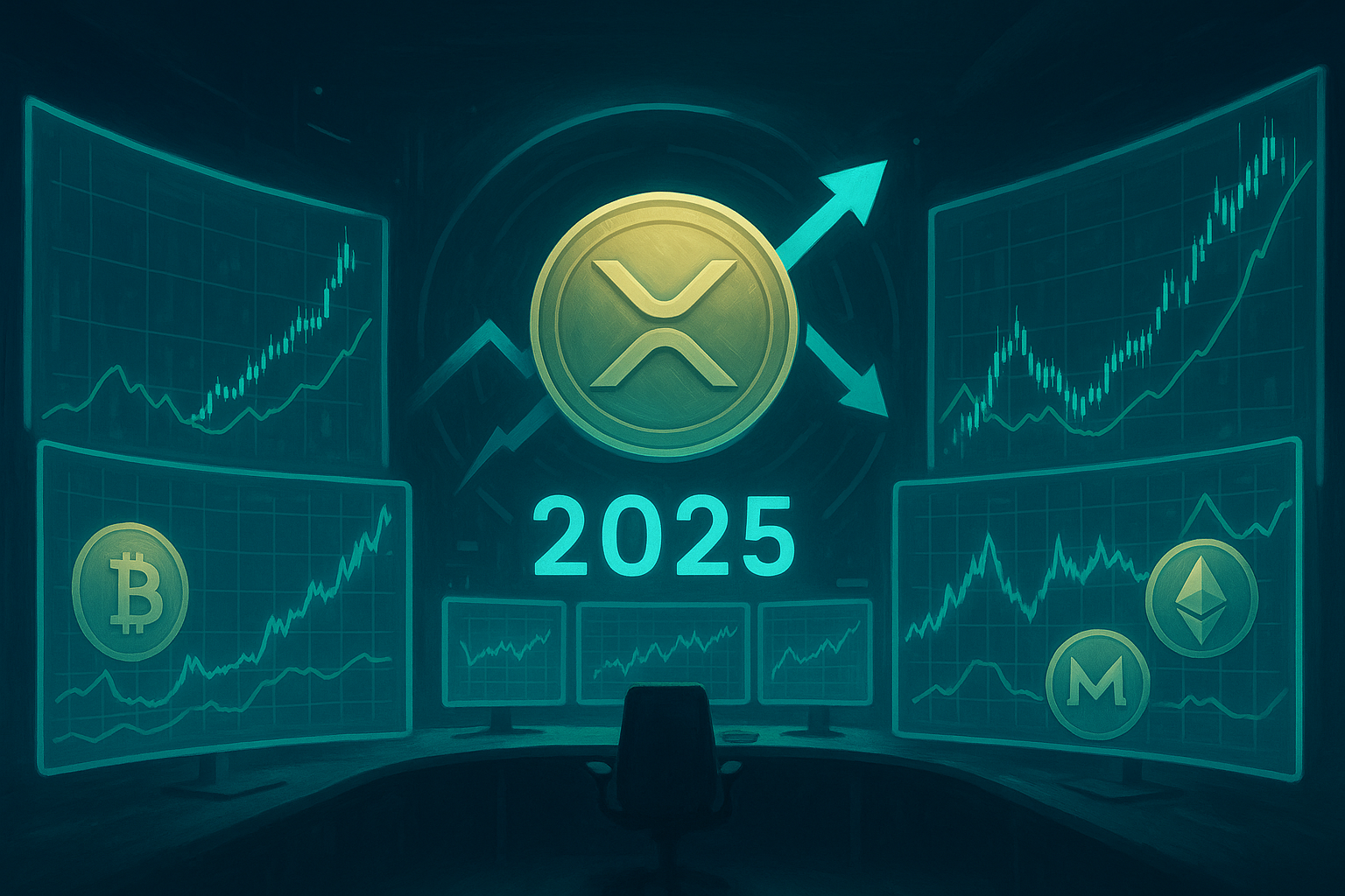 Crypto trading war room with XRP-style coin and 2025 price charts on holographic screens