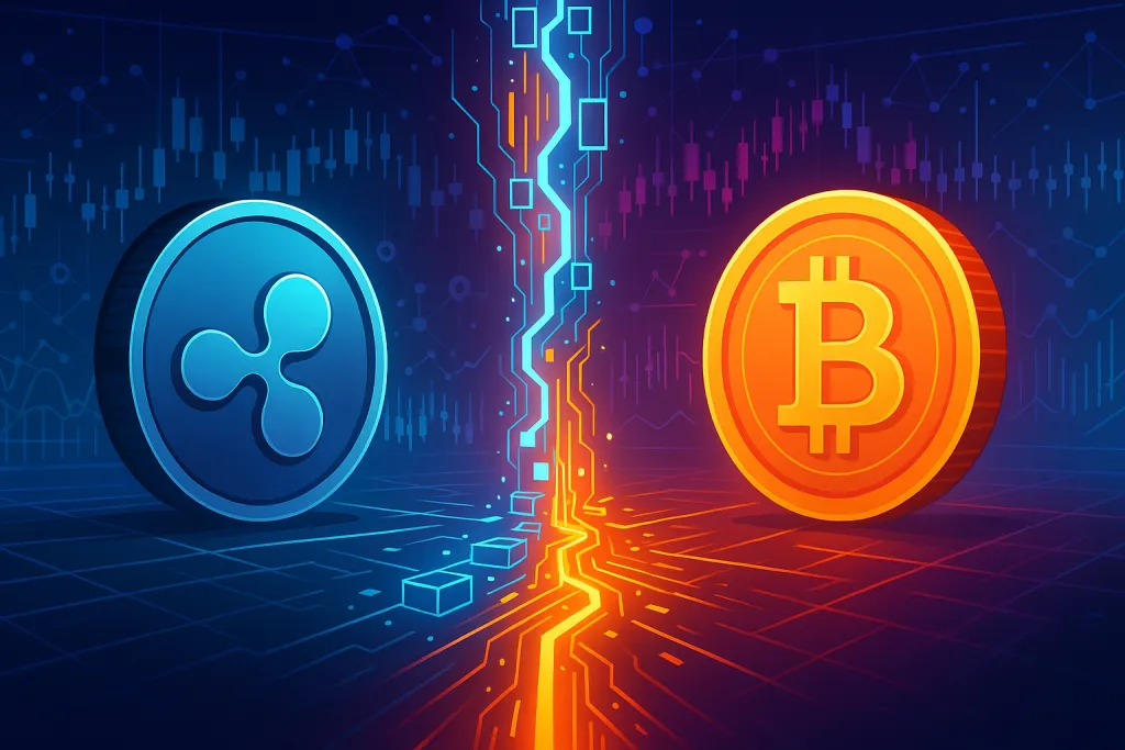 Futuristisch crypto-arena-banner waarin een XRP-achtige munt wordt vergeleken met een Bitcoin-achtige munt.