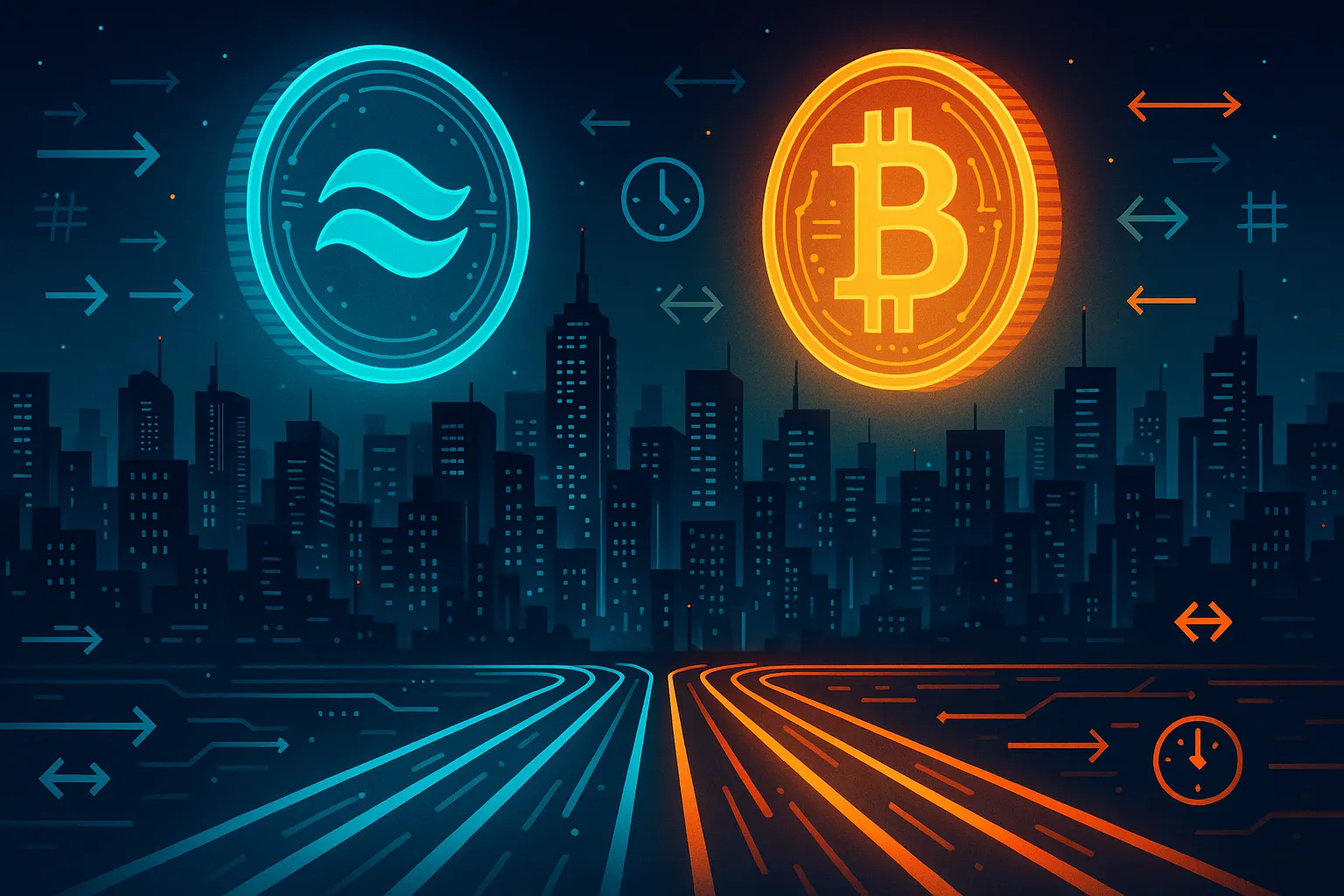 Futuristisch cyberstadsgezicht met holografische XRP-achtige en Bitcoin-achtige munten die 's nachts tegenover elkaar staan.