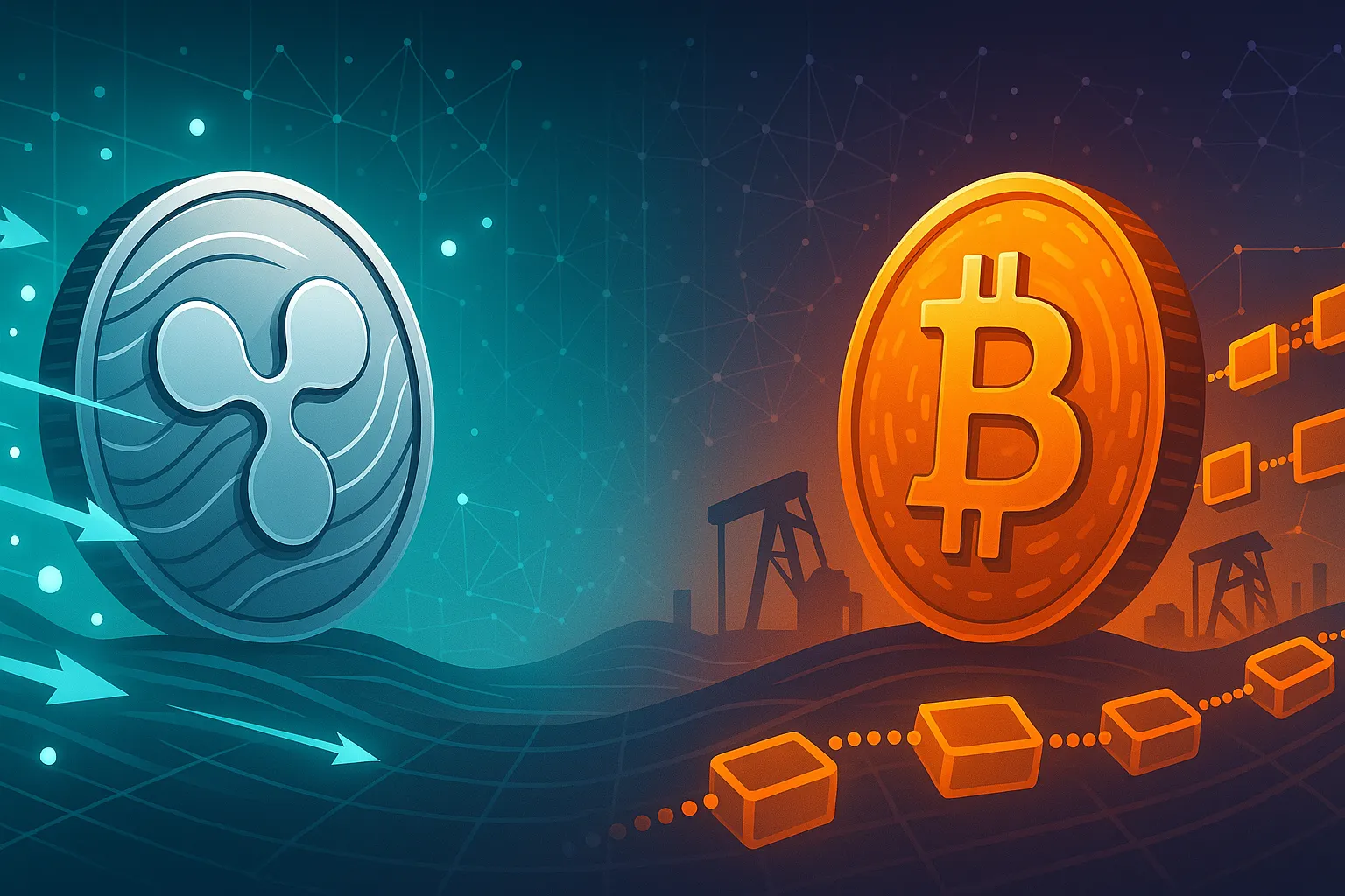 Abstracte XRP versus Bitcoin-strijd met snelle transacties en miningketens.