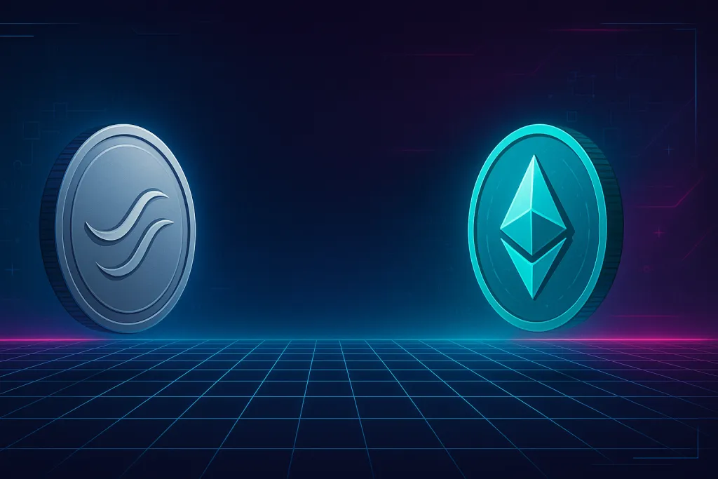 Bannière cyberpunk représentant deux cryptomonnaies opposées, symbolisant XRP et Ethereum.