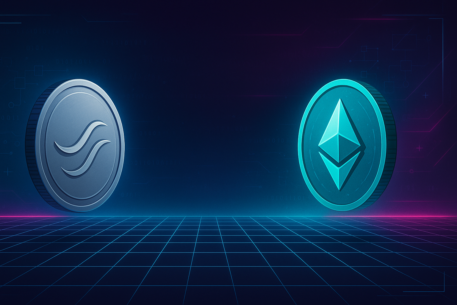 Cyberpunk banner of two opposing digital coins symbolizing XRP vs Ethereum