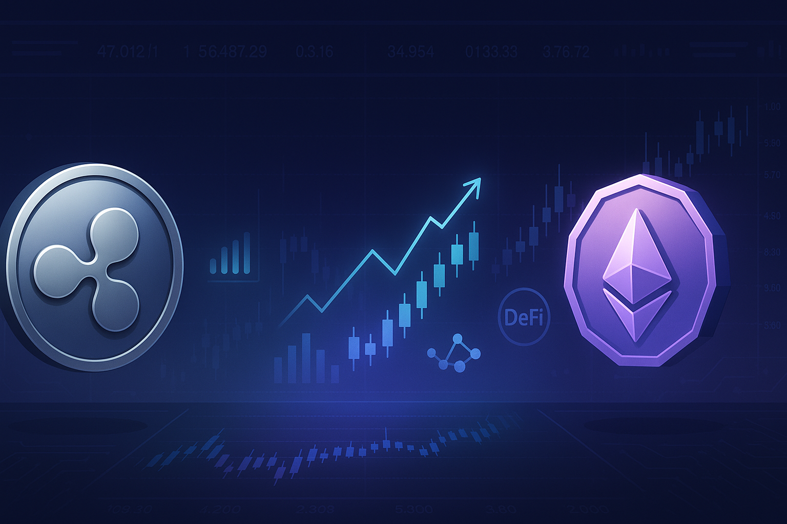 Dark-mode trading dashboard comparing XRP-style and Ethereum-like coins with DeFi charts