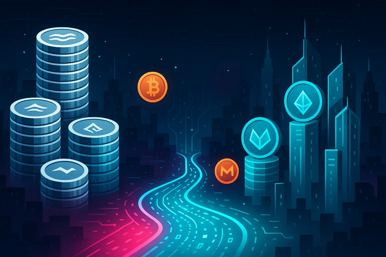Paysage urbain futuriste basé sur la blockchain, comparant deux réseaux de cryptomonnaies la nuit