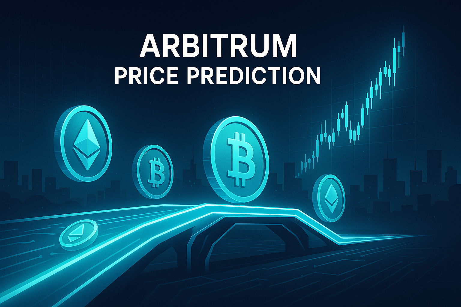 Futuristic Arbitrum price prediction banner with neon blockchain bridge and rising crypto charts