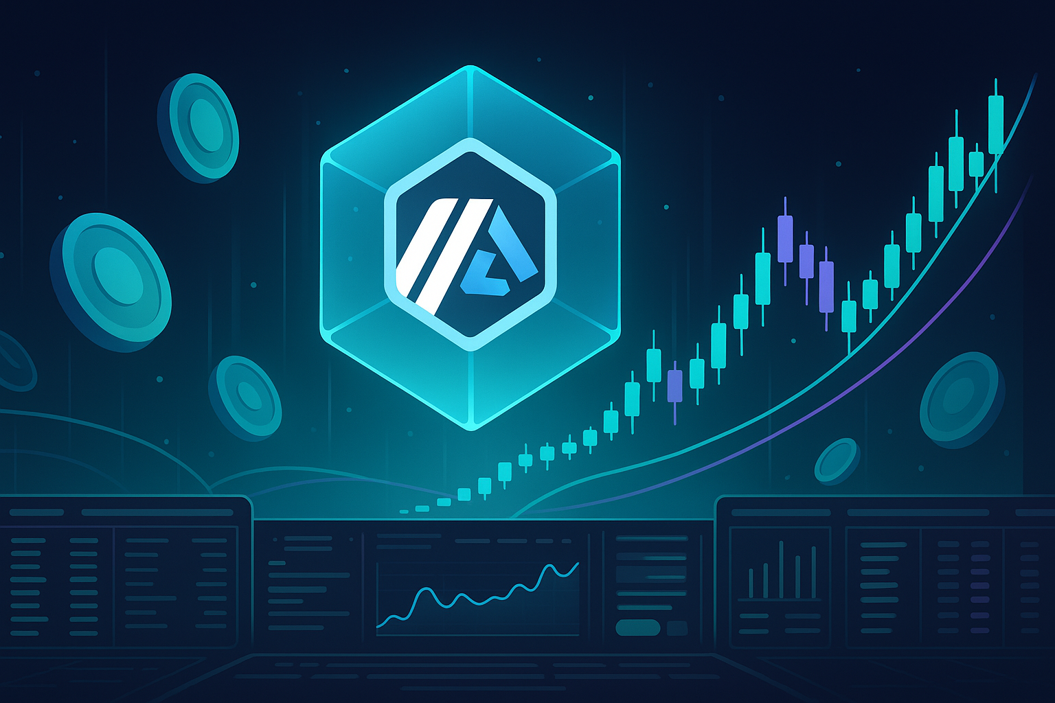 Futuristic Arbitrum price prediction dashboard with floating L2 cube and rising crypto charts in dark mode