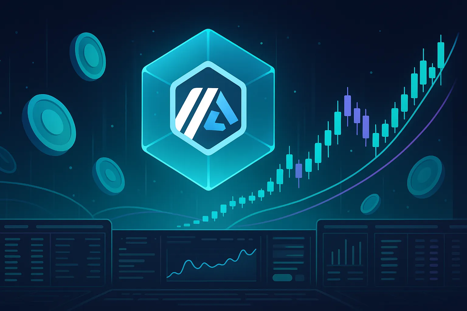Futuristic Arbitrum price prediction dashboard with floating L2 cube and rising crypto charts in dark mode