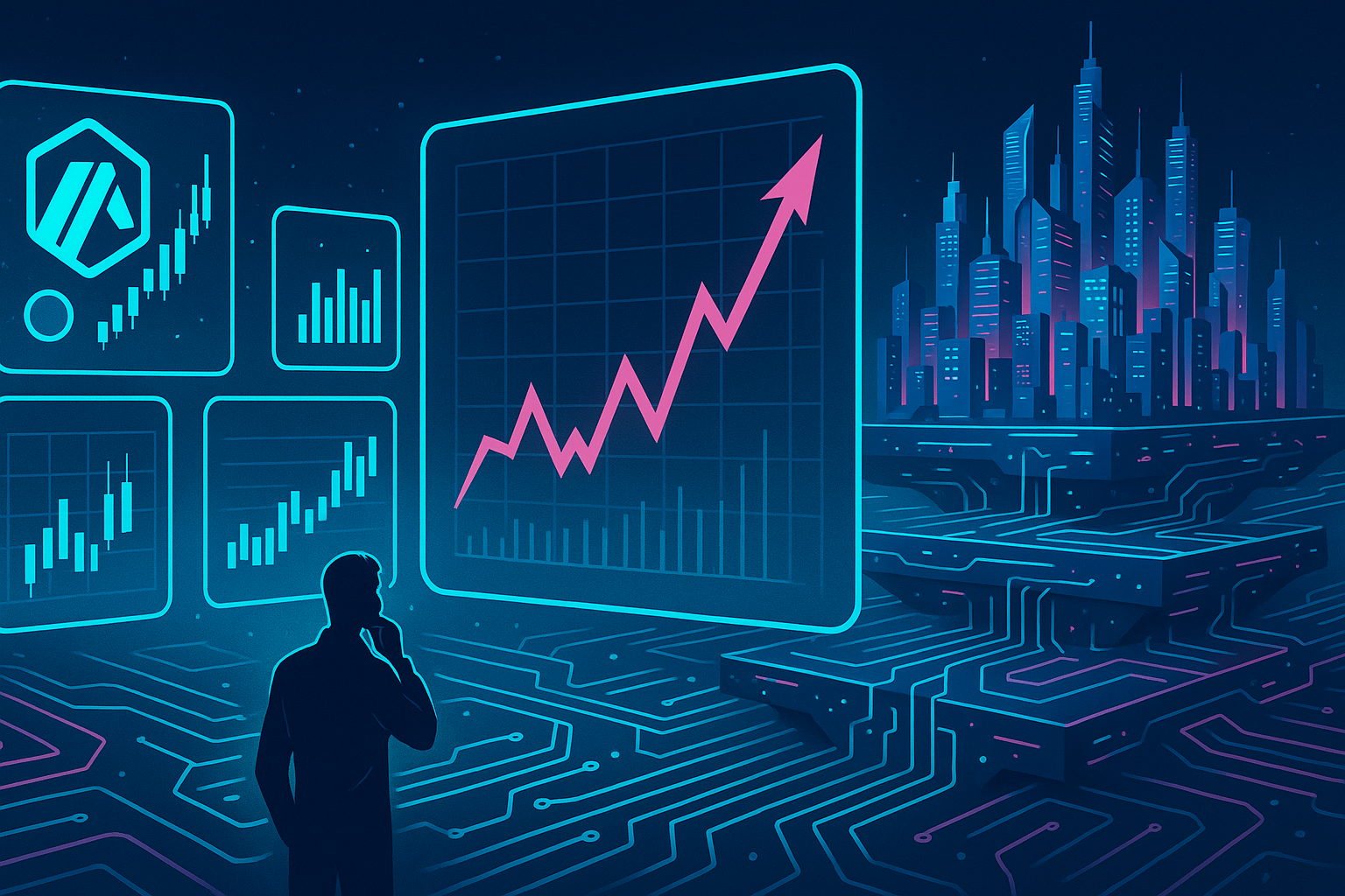 Futuristic crypto trader analyzing Arbitrum layer-2 price charts