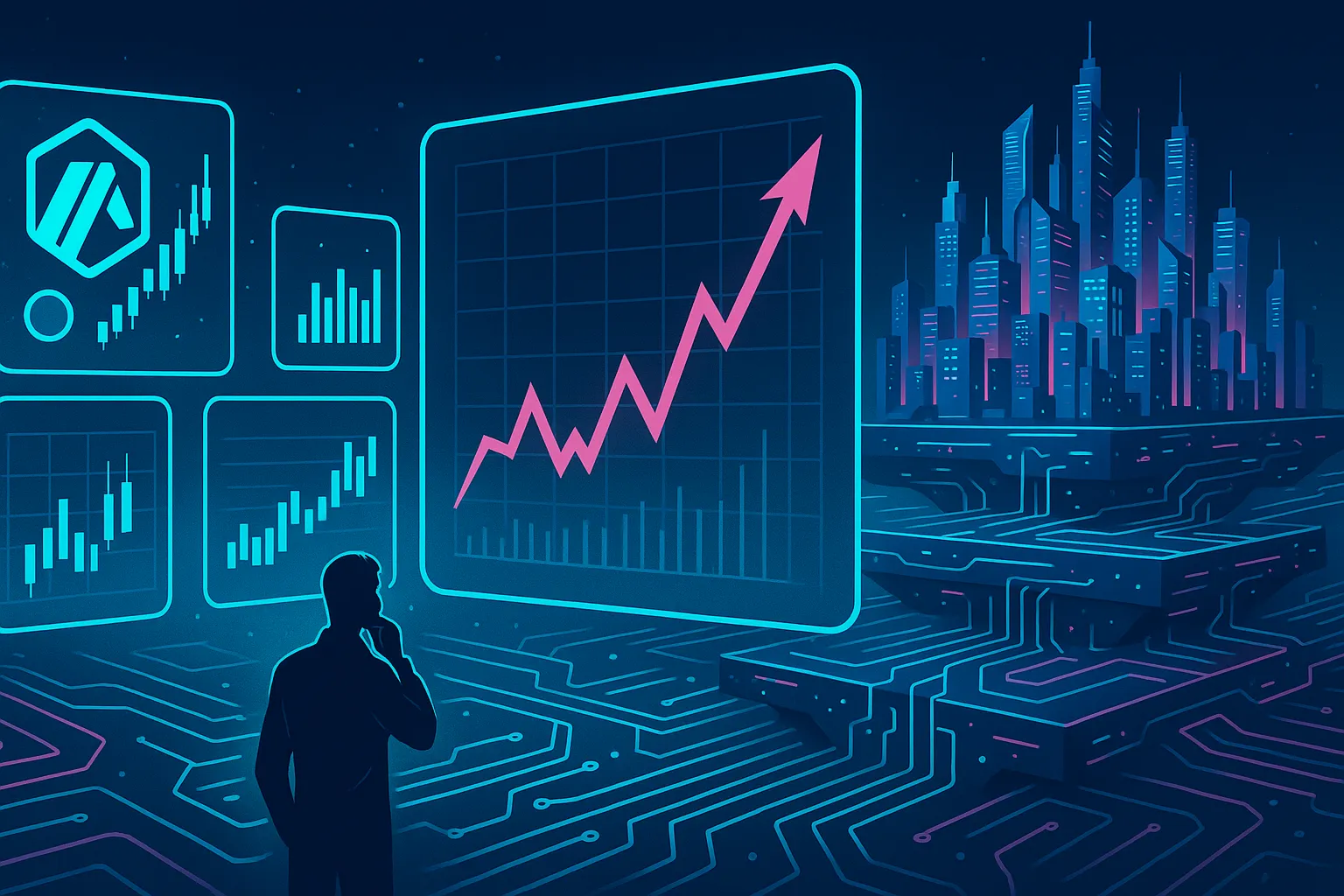 Futuristic crypto trader analyzing Arbitrum layer-2 price charts