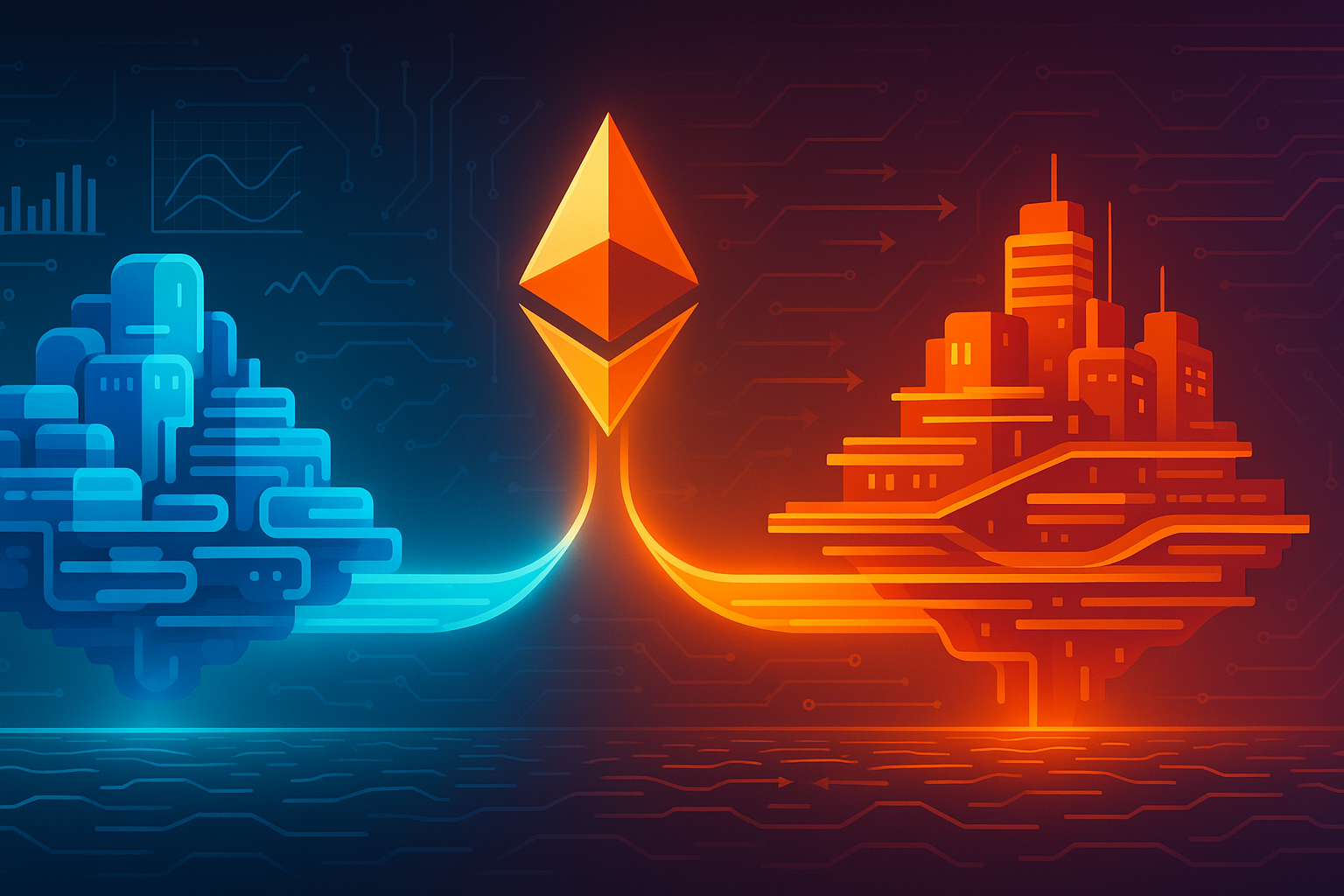 Futuristic blue and orange crypto cities connected by a splitting Ethereum-style coin