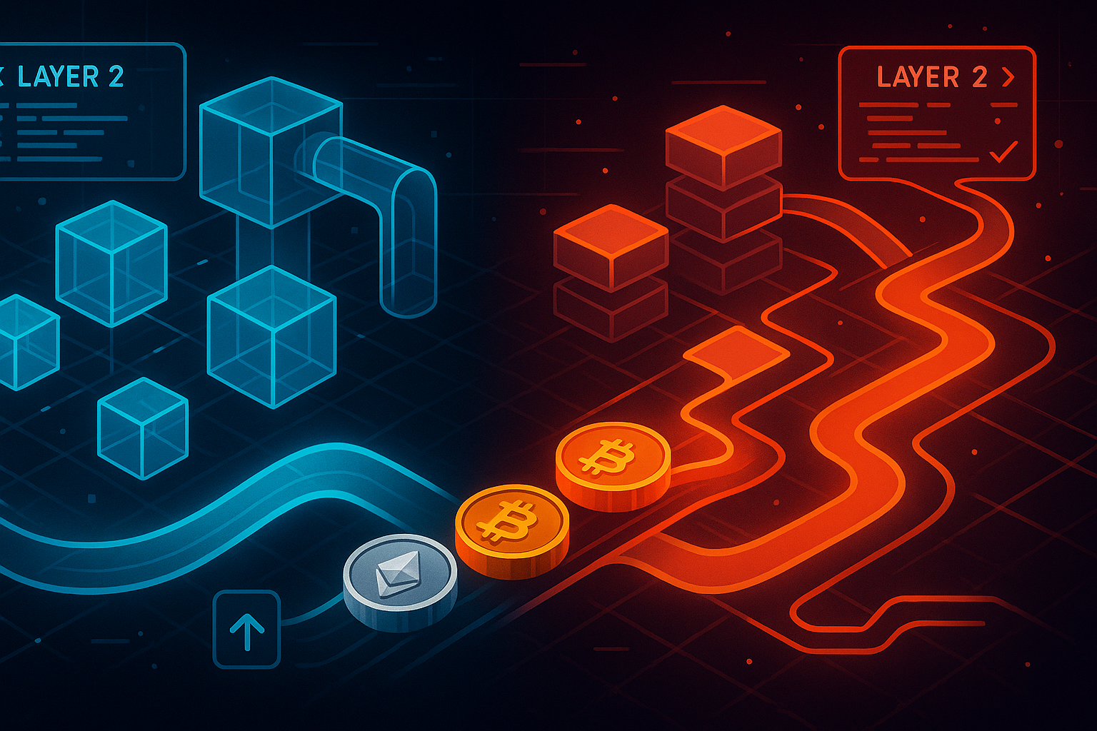 Tech banner contrasting Arbitrum-style rollups and Optimism-style L2 networks over a digital grid