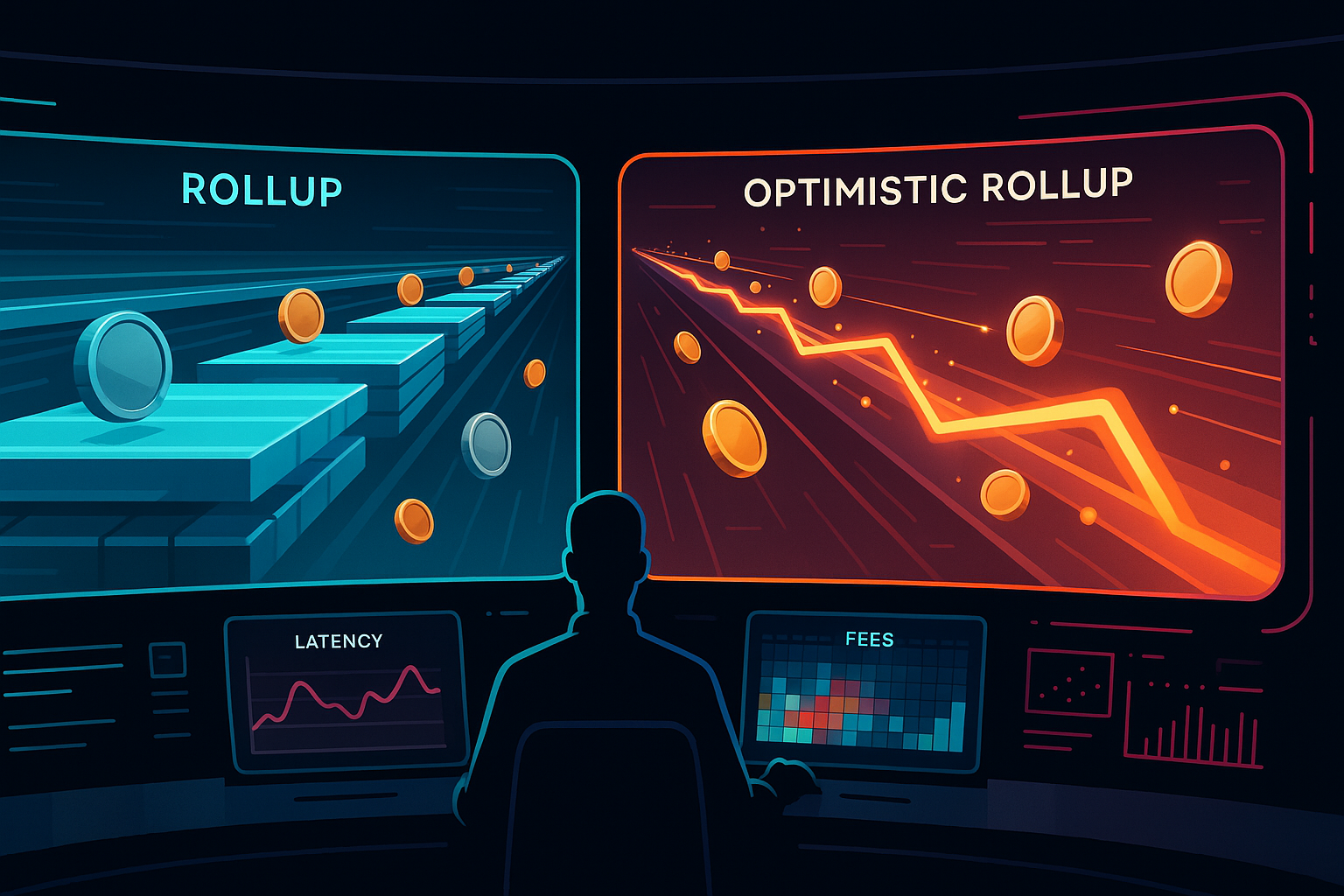Analyst compares Arbitrum vs Optimism rollup highways with fees and latency charts