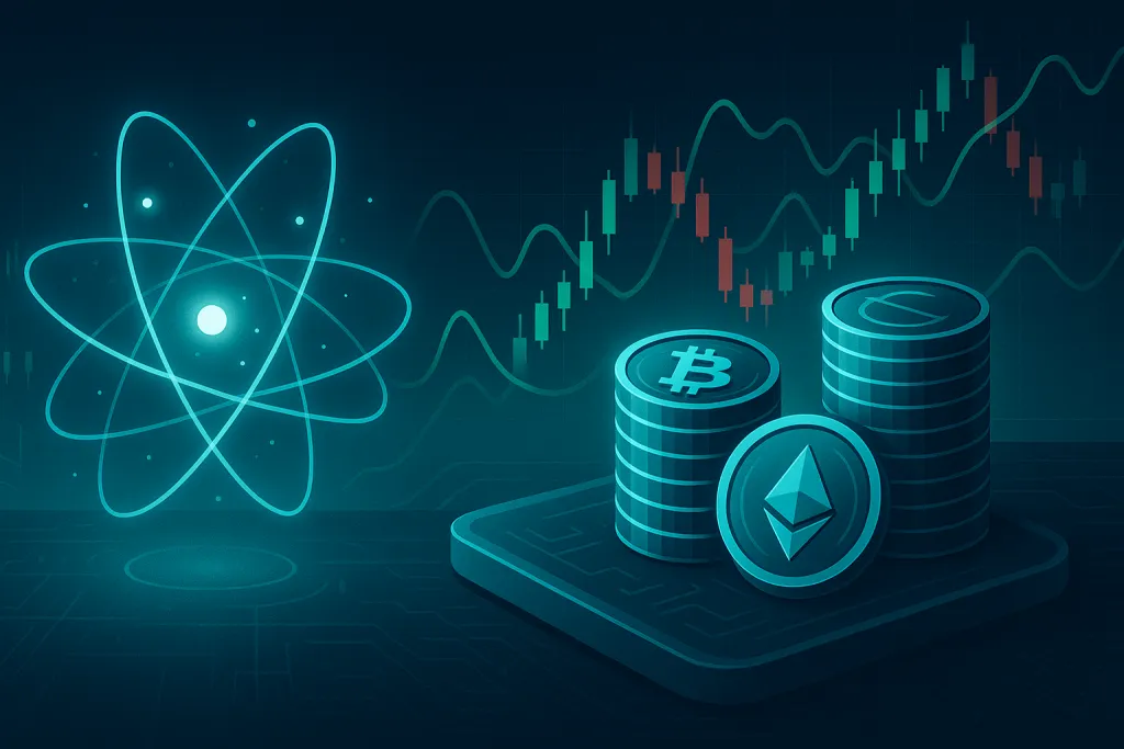 El átomo futurista se transforma en criptomonedas con velas de precios.