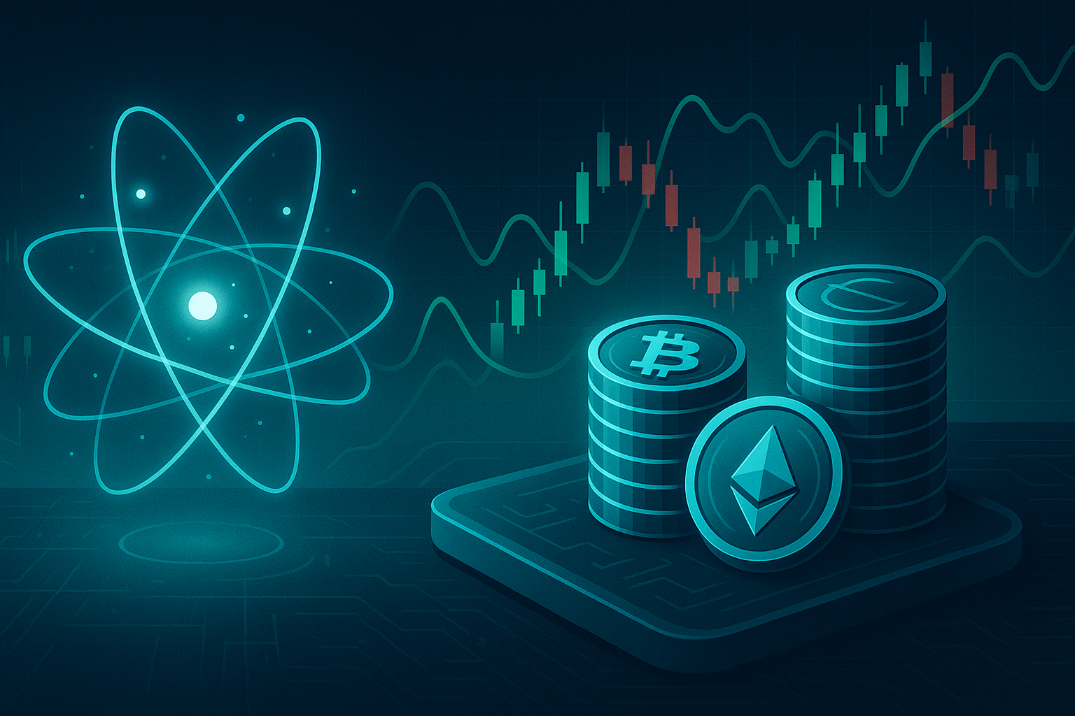 Futuristic atom morphing into crypto coins with price candles