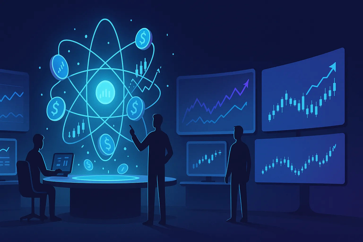 Sala de control futurista con átomo holográfico y gráficos de predicción de precios de criptomonedas.