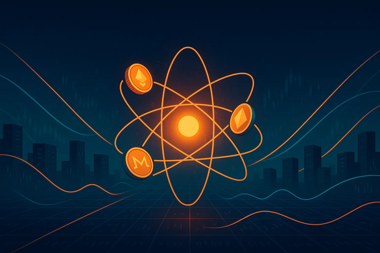 Banner de predicción del precio de Atom con átomos de criptomonedas brillantes y curvas de pronóstico.