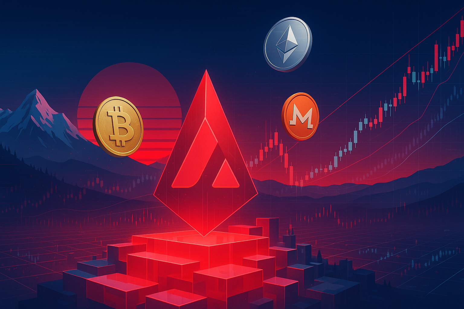 Futuristic AVAX-inspired alpine crypto city with rising price charts at dusk
