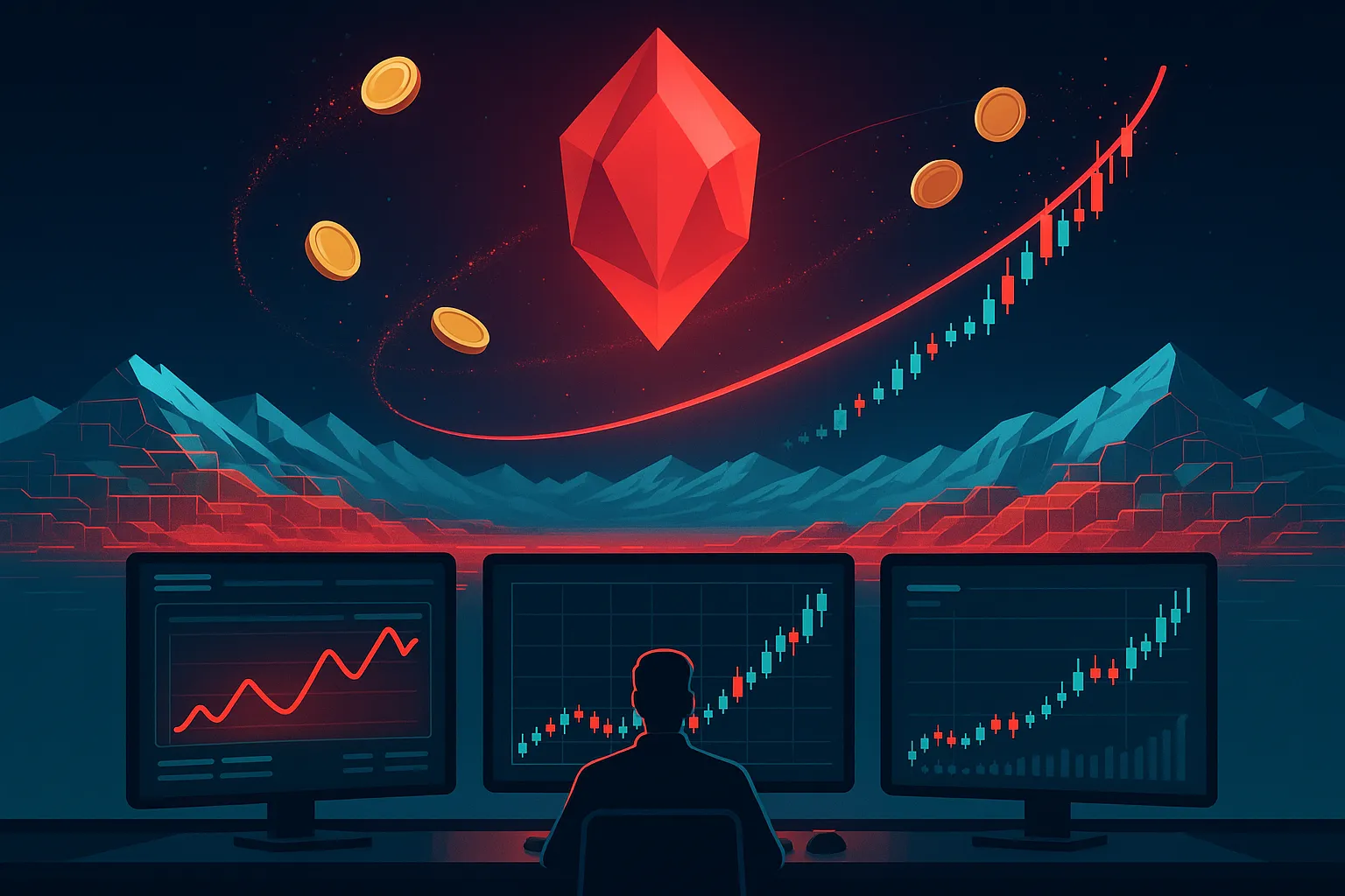 Plateforme de trading de cryptomonnaies avec des graphiques rouges de style AVAX superposés à des montagnes de données polygonales