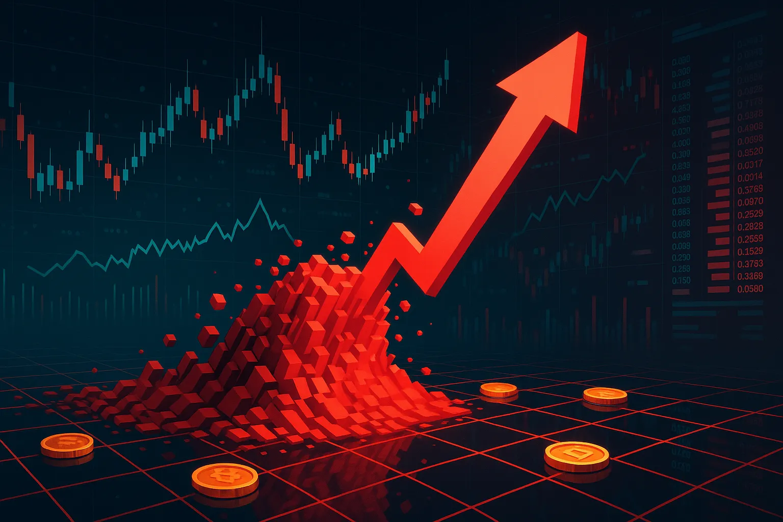 Vague de prix ascendante rouge de l'AVAX formant une flèche vers le haut sur une grille de trading crypto néon