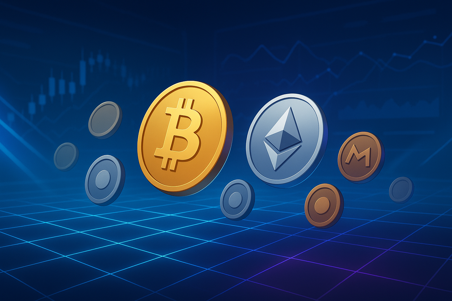 Futuristic crypto coins and trading charts on digital neon grid background