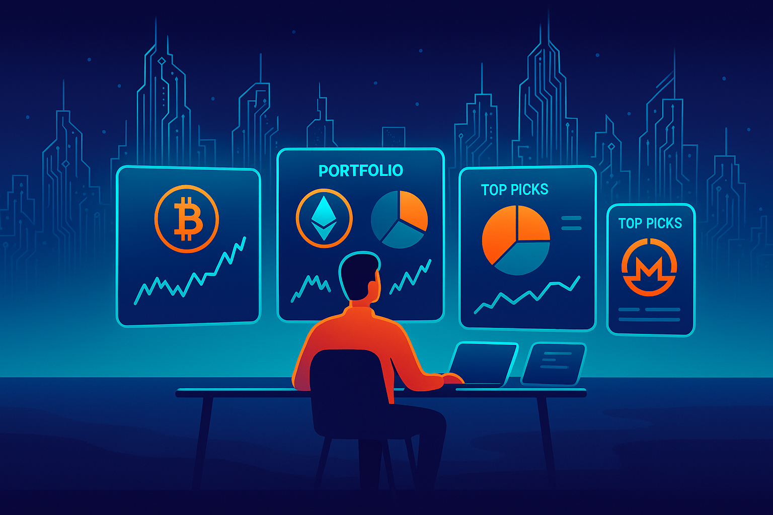 Futuristic crypto trader analyzing portfolio and top coin picks on holographic screens