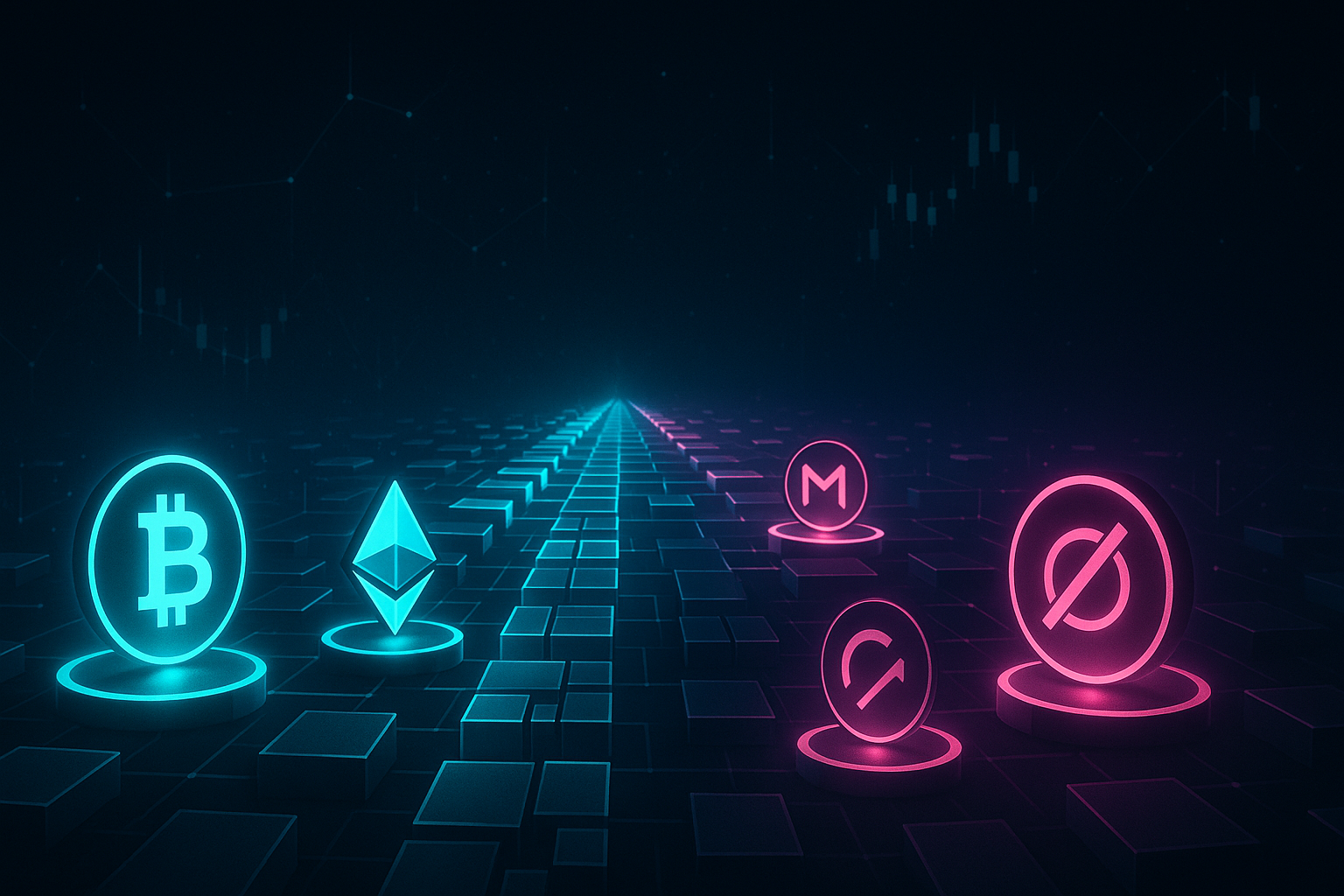 Futuristic digital pathway of glowing crypto coins on dark space