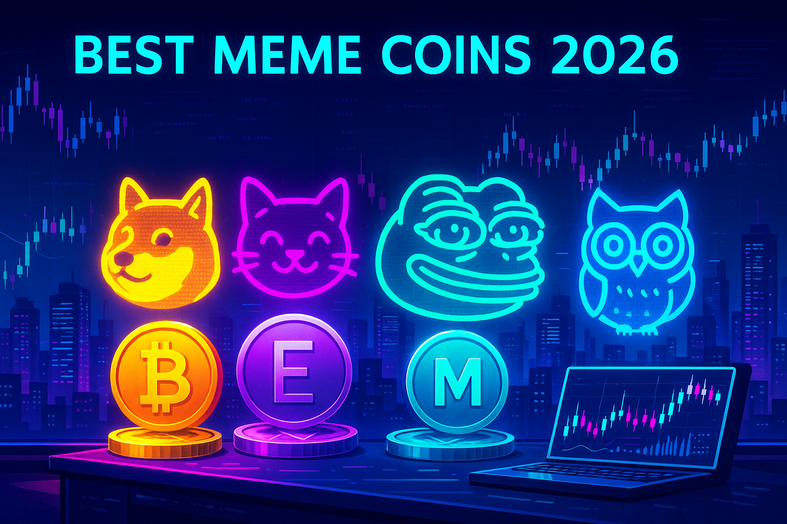 Futuristic neon crypto dashboard with glowing pixel meme animals above generic coins