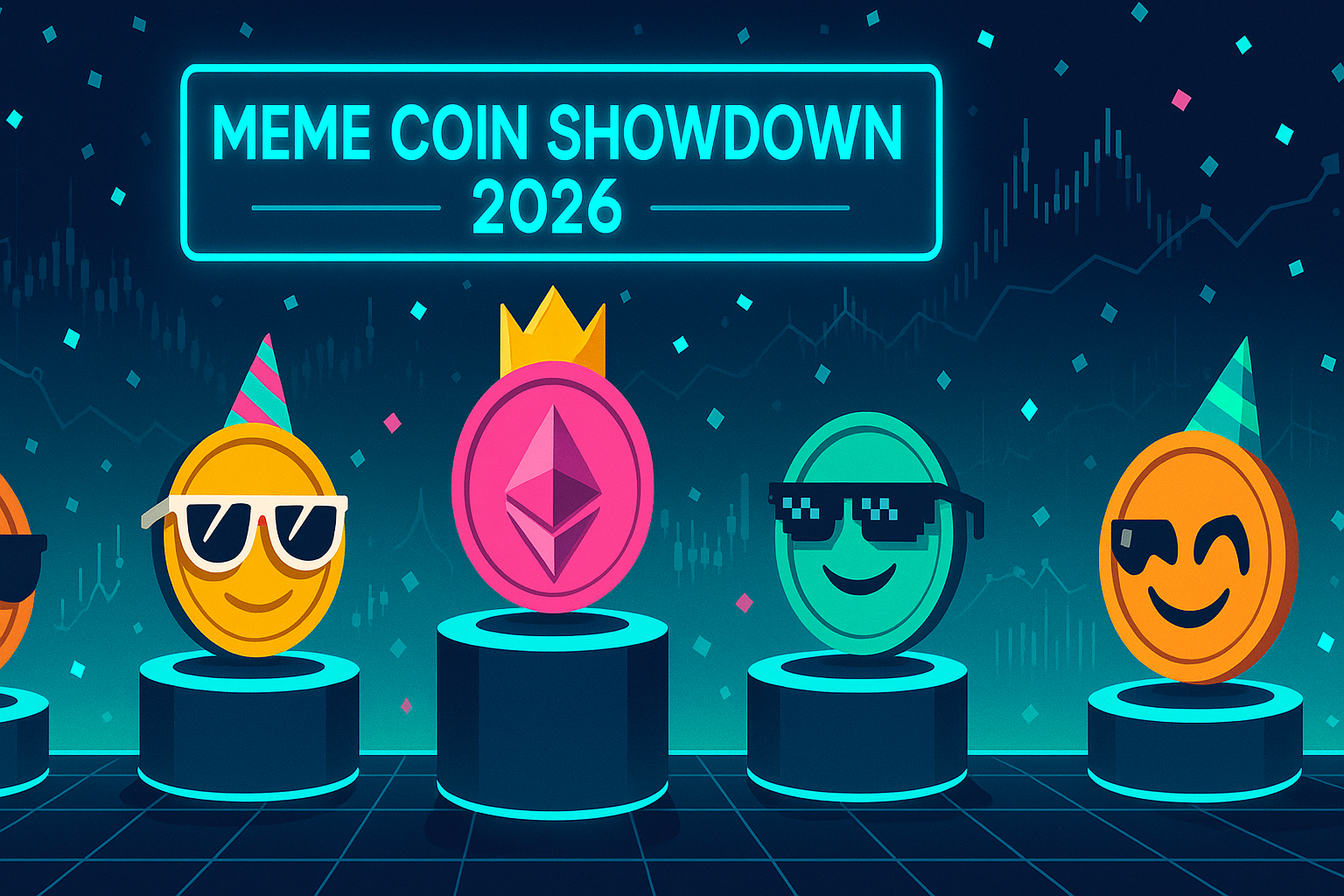 Futuristic Meme Coin Showdown 2026 arena with neon crypto tokens on podiums