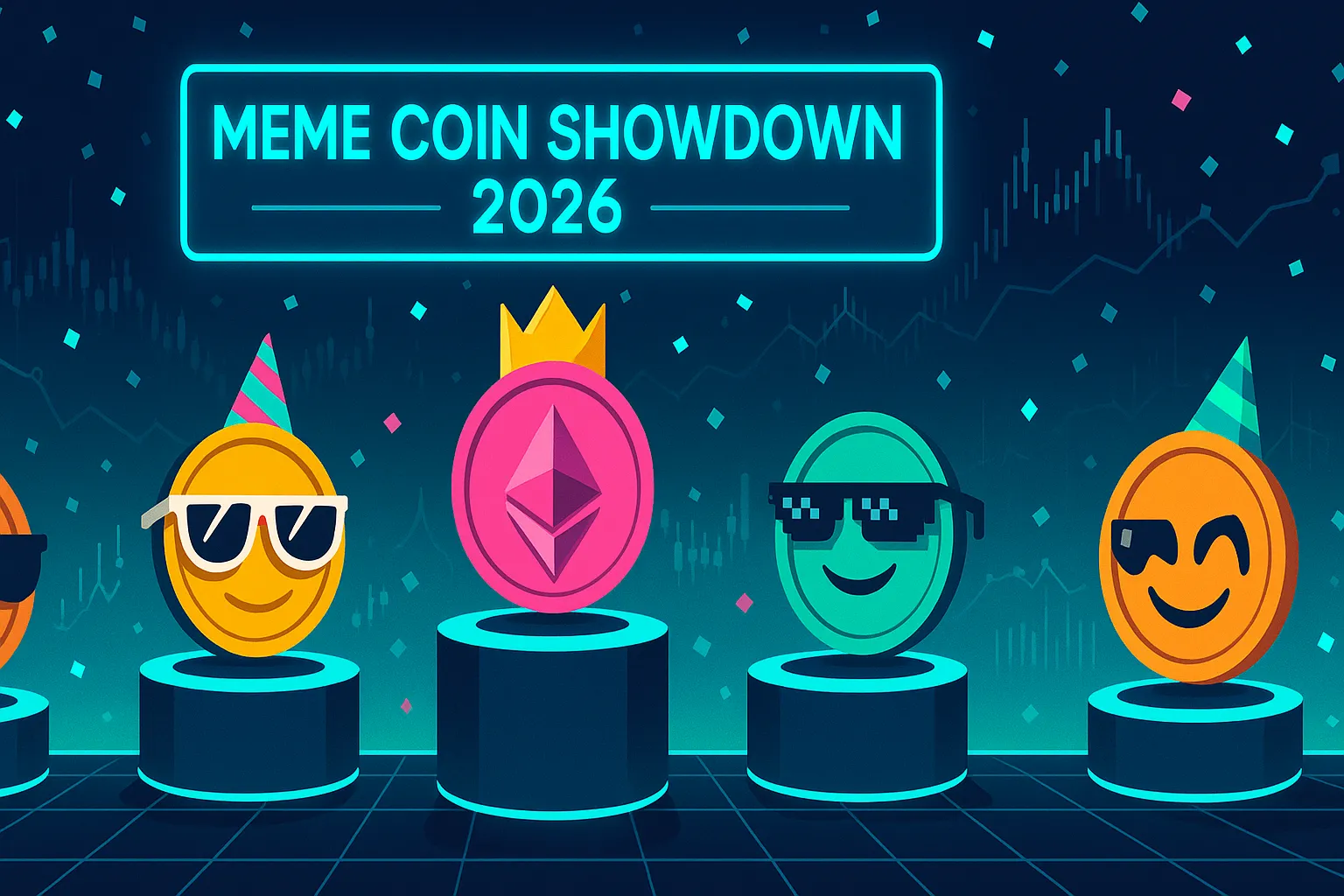 Arena futurista para el concurso de memes y monedas de 2026 con tokens de criptomonedas de neón en los podios.
