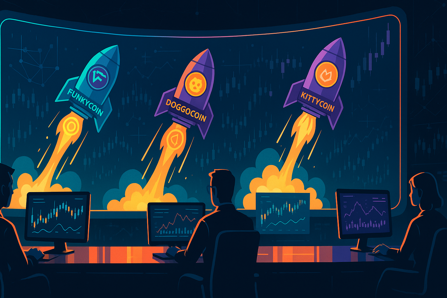 Futuristic crypto war room tracking neon meme coin rockets on holographic screens