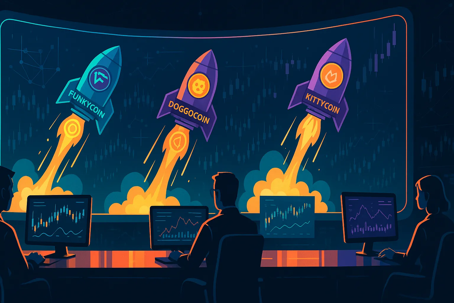 Sala de guerra cripto futurista que rastrea cohetes de criptomonedas con memes de neón en pantallas holográficas.