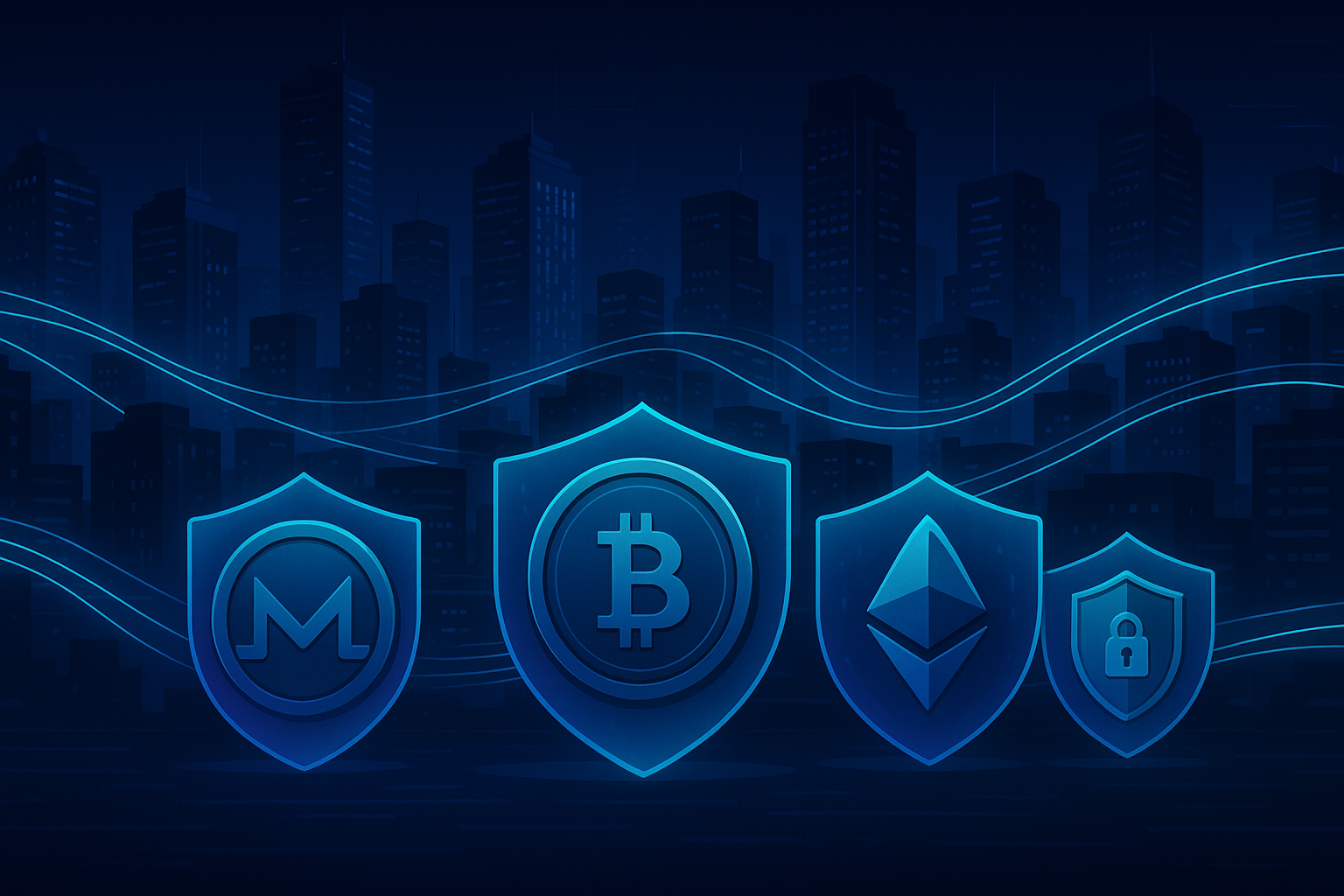 Neon crypto cityscape with shielded privacy coins and data streams